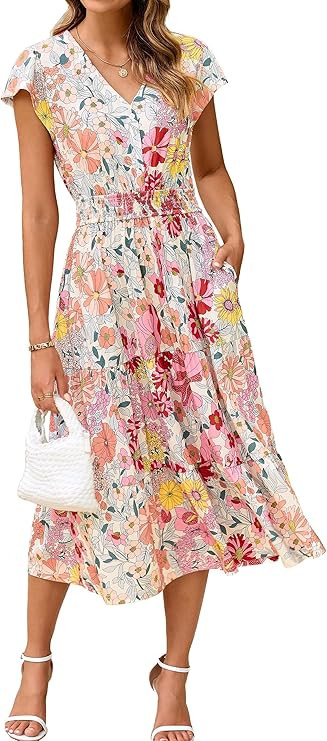 BerryGo Women's Floral Boho Ruffle Summer Midi Dress Short Sleeve V Neck Empire Waist Swing Flowy... | Amazon (US)