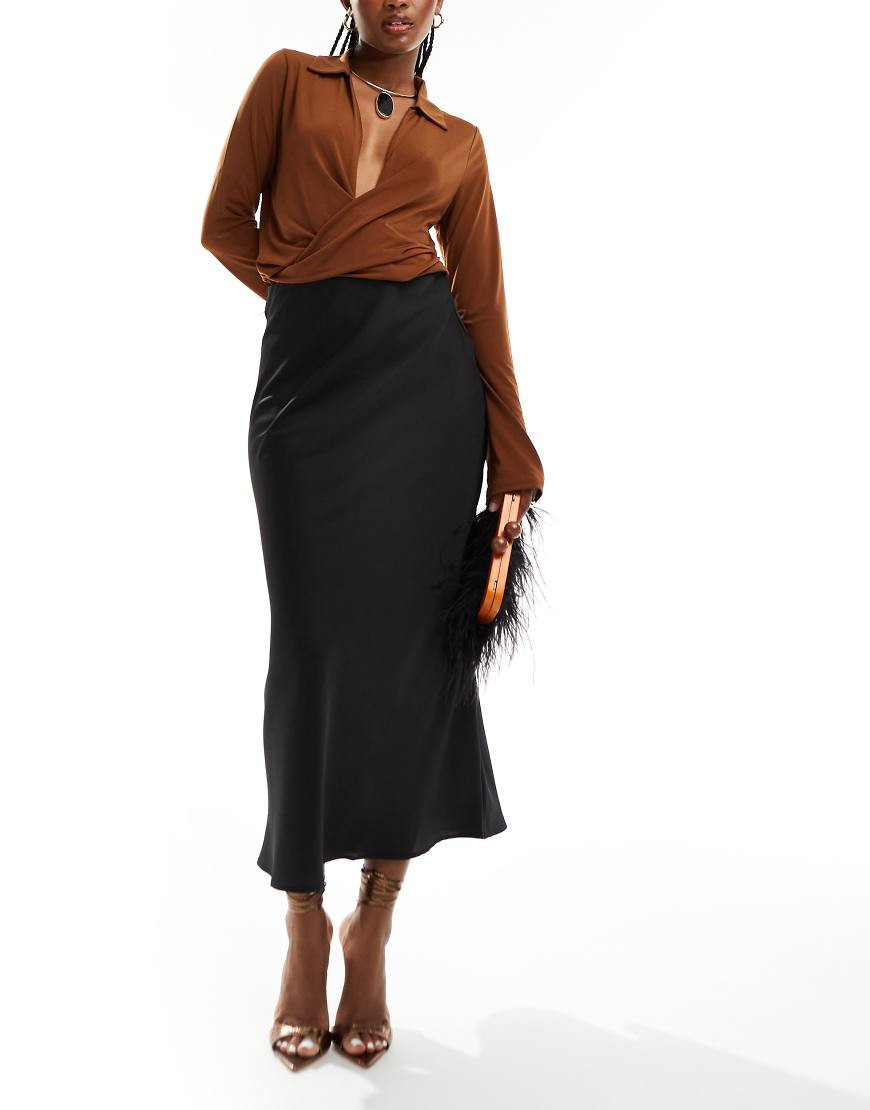 VILA satin midi skirt in black | ASOS (Global)
