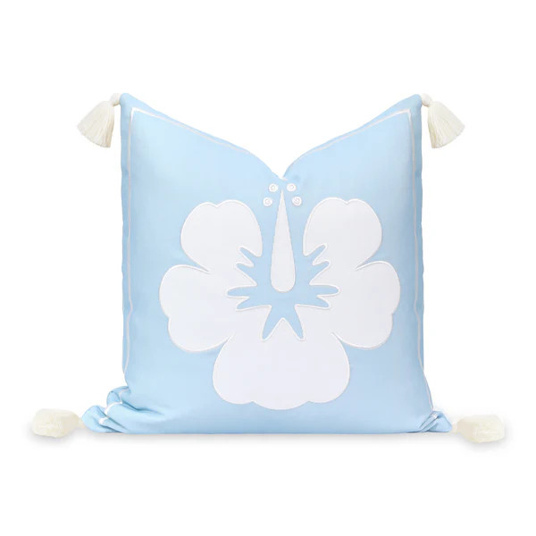 Coastal Indoor Outdoor Throw Pillow Cover, Embroidered Hibiscus Floral with Tassels, Baby Blue, 1... | Hofdeco