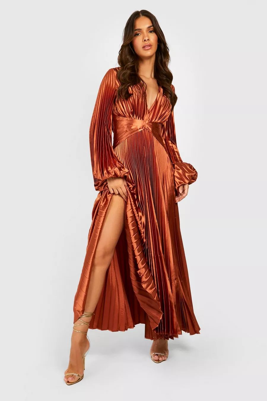 Pleated Satin Oversized Sleeve Midi Dress | Boohoo.com (US & CA)