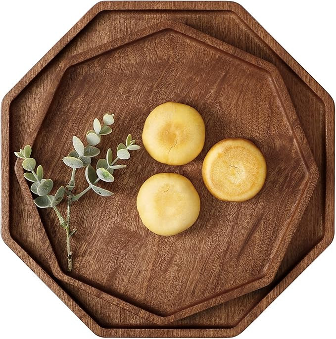 LOMOHOO Set of 2 Wooden Octagon Square Serving Tray Wood Trays Breakfast Bread Plates Fruit Salad... | Amazon (US)