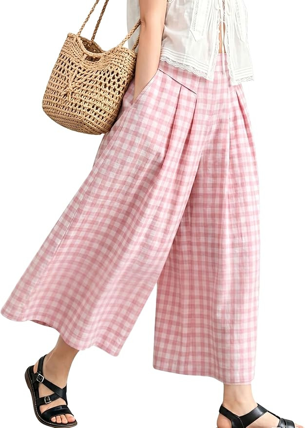 Hooever Women's Wide Leg Culottes Pants Gingham Check High Waisted Pleated Casual Trousers with P... | Amazon (US)