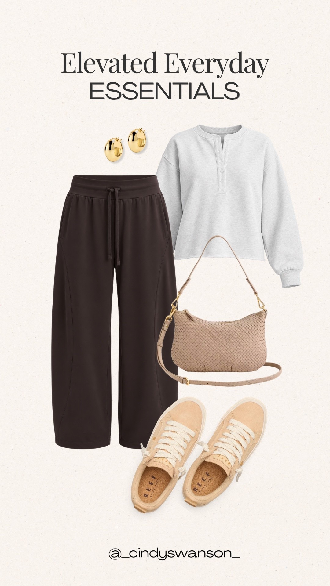 A relaxed everyday outfit that still feels put together. I love the combination of dark chocolate brown joggers, a light gray sweatshirt top, and neutral sneakers for an easy, comfortable look that works for errands, travel days, or a casual weekend. The woven neutral bag adds a lovely finishing touch.