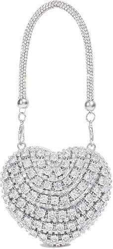 Sweetovo Small Rhinestones Heart Shape Clutch Purses for Women Mini Sparkly Evening Bags for Prom Cocktail Party Wedding (Silver-small) | Amazon (US)