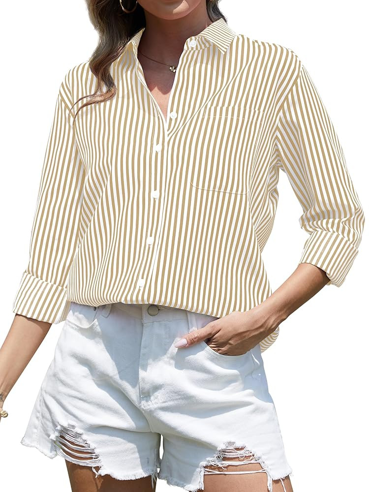 CUNLIN Grade 4 Wrinkle-Resistant Women's Button Down Shirts Striped Long Sleeve Collared Blouses ... | Amazon (US)