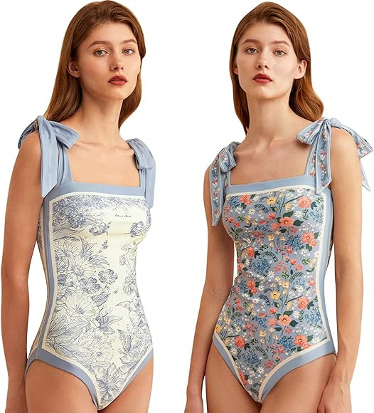 Women Double-Sided Floral One Piece Swimsuits Reversible Tie Shoulder Monokini Tummy Control Bath... | Amazon (US)