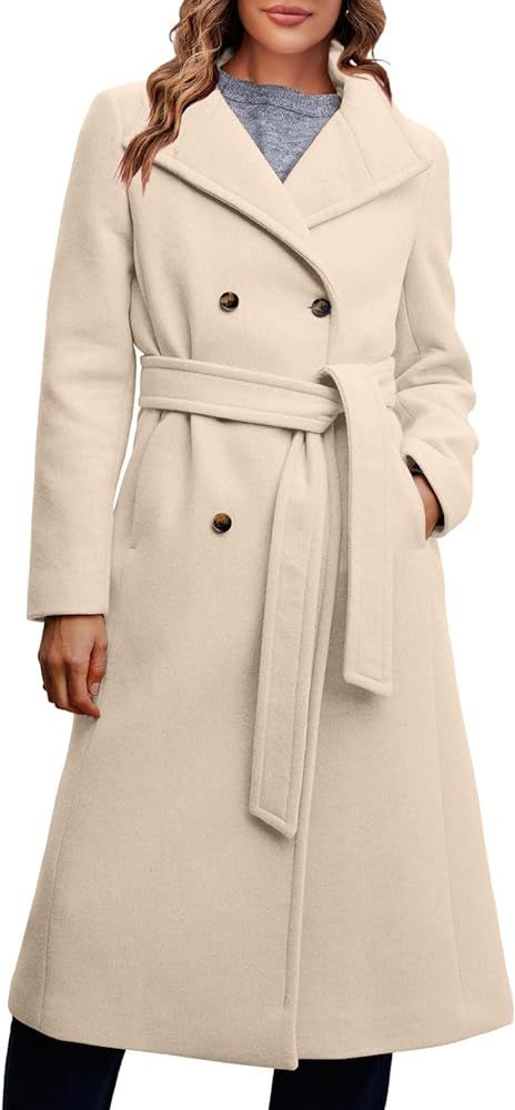 Fisoew Women Double Breasted Coats Long Winter Work Office Overcoat Pocketed Outwear with Belt | Amazon (US)