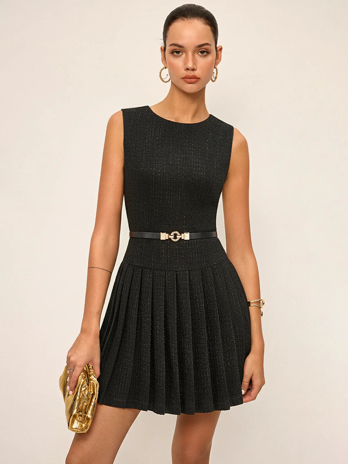 Tweed Sleeveless Pleated Mini Dress with Belt | Commense