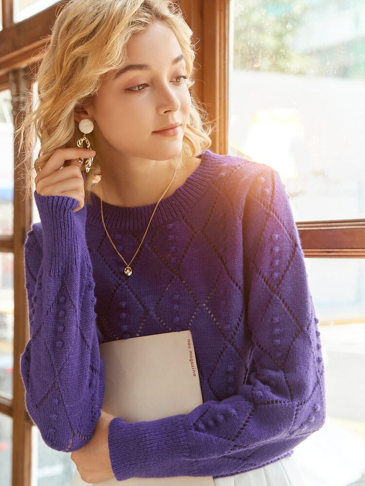 Knit Mix Hollow Out Popcorn Knit Sweater | SHEIN