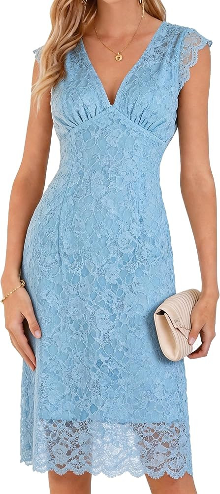 Women's Lace Cocktail Dress Sleeveless V Neck Elegant Bodycon Midi Dress for Wedding Guest Party ... | Amazon (US)