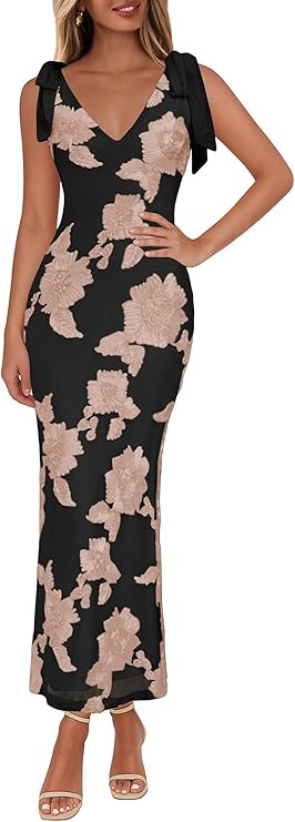 Lazysmile Womens Floral Embroidered Maxi Dress Sleeveless V Neck Tie Strap Ribbon Flower Mesh Par... | Amazon (US)