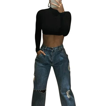 Frecoccialo Popular Women Turntleneck Long Sleeve T Shirt Casual Black White Crop Top Ladies Korean  | Walmart (US)