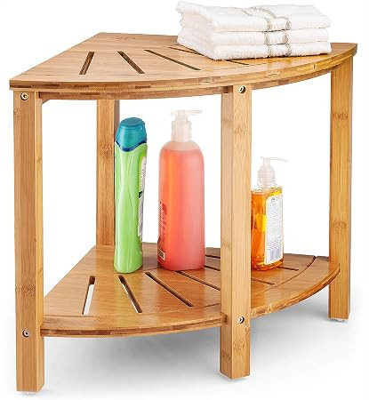Bambusi Bamboo Corner Shower Bench - Wood Spa Stool Bench with Storage Shelf for Bathroom Organiz... | Amazon (US)