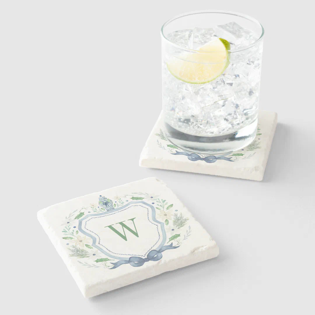 Watercolor Chinoiserie Ginger Jar Monogram Crest Stone Coaster | Zazzle | Zazzle