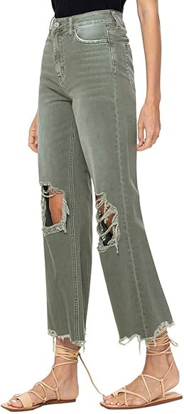 VERVET by Flying Monkey Distressed Cropped Flare Jeans Olive High-Waist | Amazon (US)