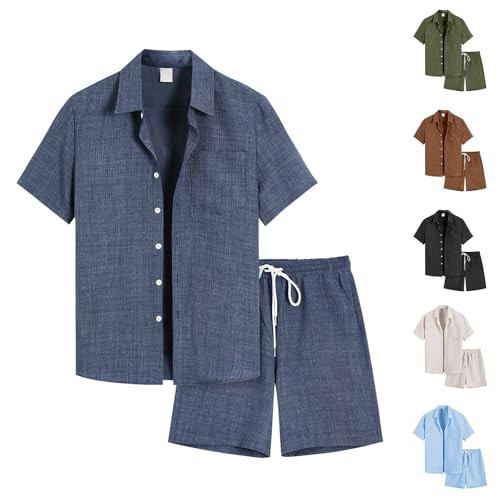 Men Short Sets Outfits Casual Button Down Linen Shirt and Linen Shorts Set 2 Piece Summer Beach Outfits for Vacation Mens Matching Shirt and Shorts Set Mens Two Piece Sets Summer Short Outfit Blue | Amazon (US)