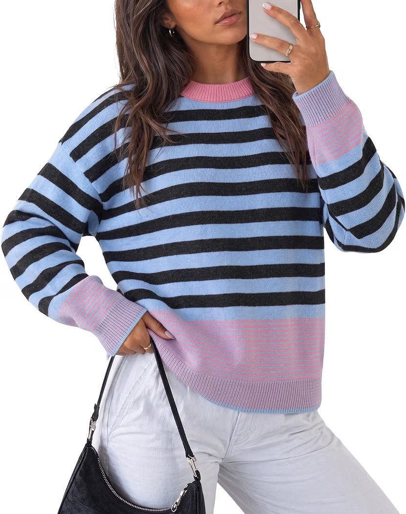 Fisoew Womens Sweater Striped Pullover Fall Loose Fit Knit Casual Tops | Amazon (US)