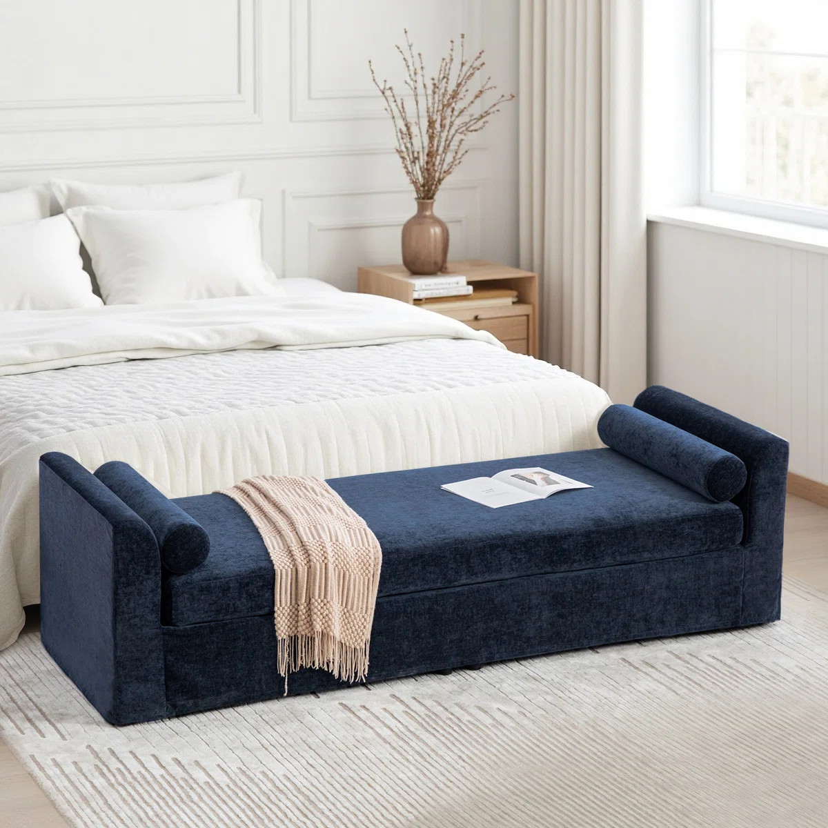 88.6"W Chenille Upholstered End of Bed Bench with 2 Bolster Pillows | Wayfair North America