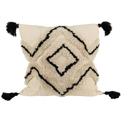 Northlight 15" Beige and Black Boho Cotton Square Throw Pillow with Tassels | Target