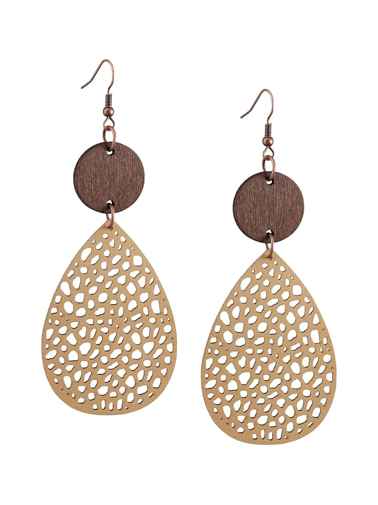 MINACHI Bohemian Hollow Cut-Out Wood Leather Dangle Drop Earrings, Boho Chic Hippie Statement Jew... | Amazon (US)
