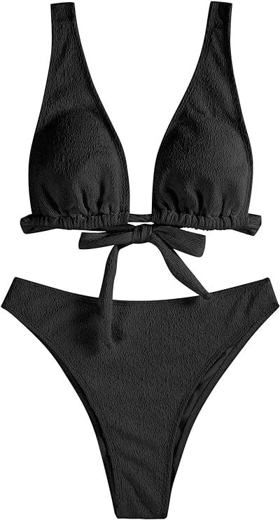 ZAFUL Womens Back Tie Bikini Set V Neck High Waisted Crinkle Longline Plunge Bikini Two Piece Bat... | Amazon (US)