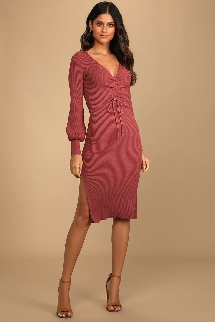 Cozy Upgrade Rusty Rose Ribbed Ruched Sweater Midi Dress | Lulus (US)