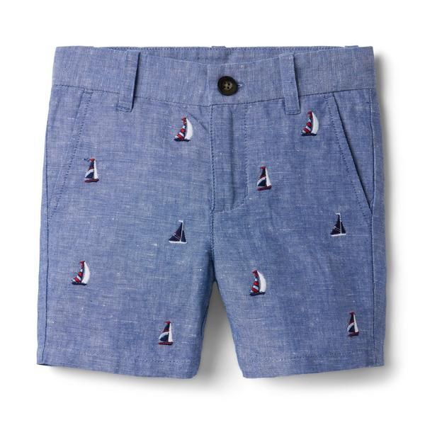 Embroidered Sailboat Linen Short | Janie and Jack