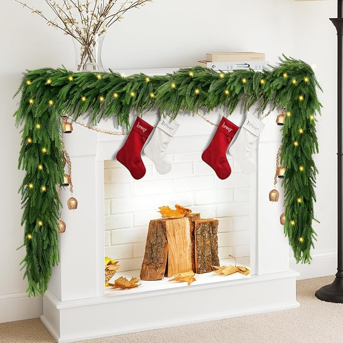 9 FT Artificial Norfolk Pine Garlands with Lights, Pre-Lit Christmas Garland, Real Touch Pine Art... | Amazon (US)