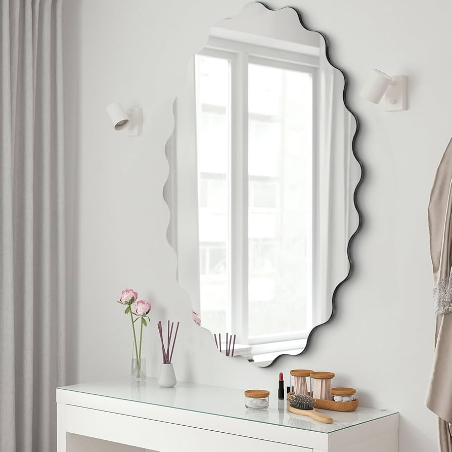 QDSSDECO 23" x 35" Oval Wavy Mirror, Irregularly Shaped, Unique Vanity Mirror, Frameless Wall Mir... | Amazon (US)