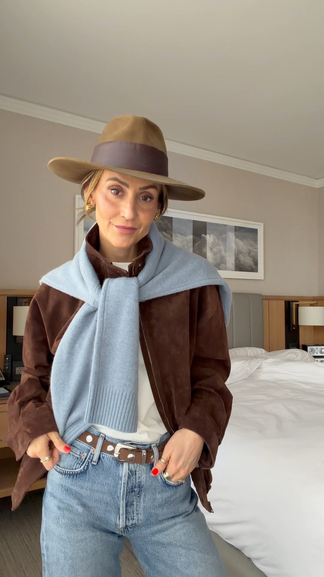 The texture combination that works every time 🤎🩵 elevated but effortless - comment TEXTURE if you want details. 

Layering texture is what makes a simple base feel intentional. A structured suede jacket, soft cashmere draped over the shoulders, relaxed high-rise 90s denim, and scrunchie boots to ground it. 

#LTKootd #LTKgrwm #LTKOver40