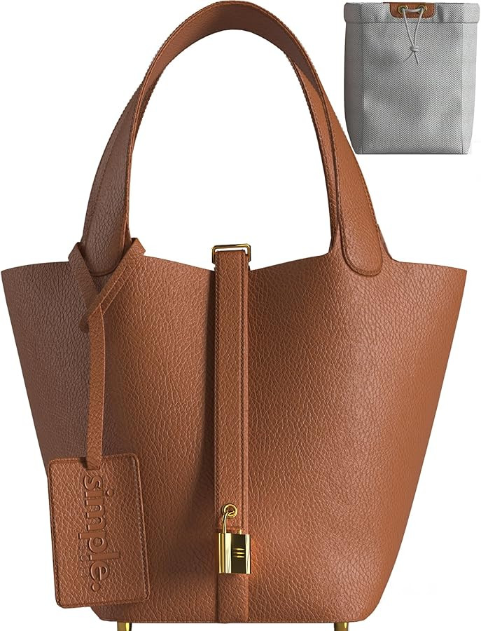 Leather Bucket Bag – Luxury Leather Satchel with Drawstring Pouch, Classic Everyday Handbag, Mini Lock Design | Amazon (US)