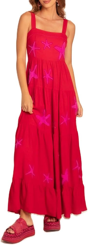 Argeousgor Women 2024 Bohemian Maxi Dress Sleeveless Embroidered Flowy Smocked Long Dress Summer ... | Amazon (US)