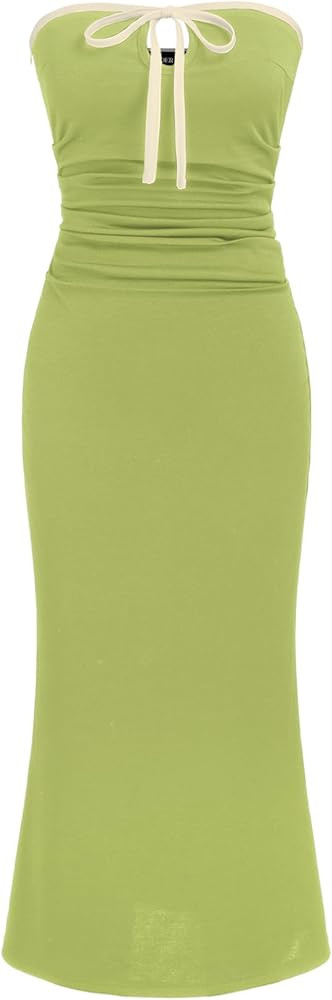CIDER Strapless Tude Bodycon Midi Dress Ruched Tie Knotted Cocktail Party Summer Dresses | Amazon (US)