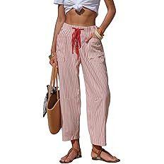 EXLURA Womens Summer Faux Linen Striped Barrel Pants Comfy Drawstring Capri Pant with Pockets Bea... | Amazon (US)