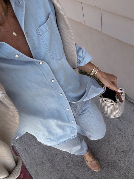 Today’s outfit for Sunday brunch from May’s capsule 
Jeans run tts (I had them hemmed but you can easily cut the hem) 
Oversized chambray button down (wearing size 0) 


#LTKover40