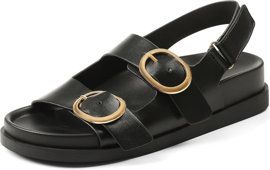 Lovee Cosee Flat Sandals for Women with Cushioned Footbed Open Toe Double Buckle Adjustable Hook-... | Amazon (US)