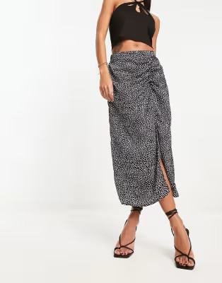 AX Paris ruched split front midi skirt in black and white polka dot | ASOS (Global)