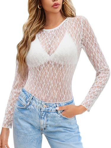 Yousify Womens Lace Mesh Long Sleeve Tops Sheer See Through Sexy Y2k Shirts Crewneck Layering Tees White | Amazon (US)
