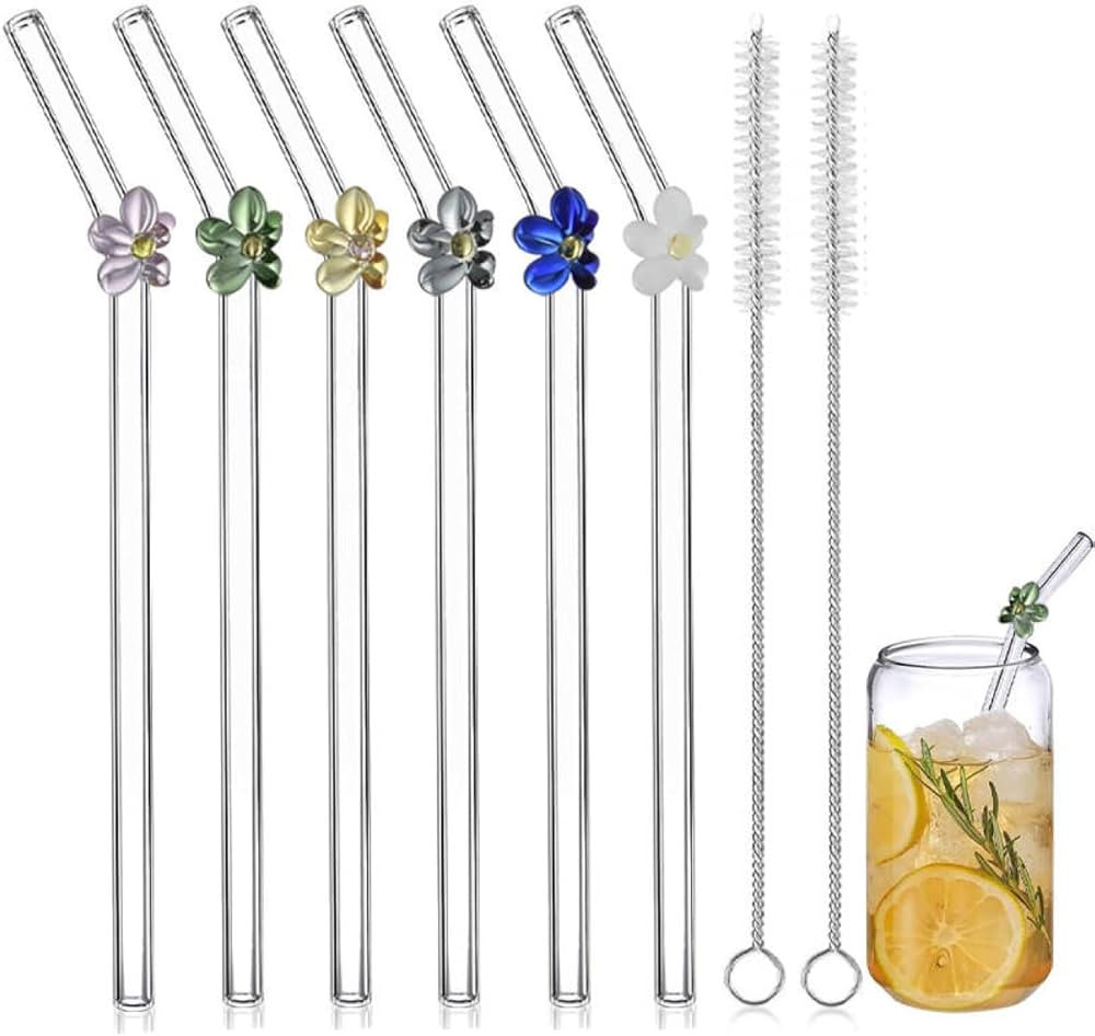 6 Pcs Reusable Glass Straws with Colorful Flowers Bent Glass Straws with 2 Cleaning Brushes for S... | Amazon (US)