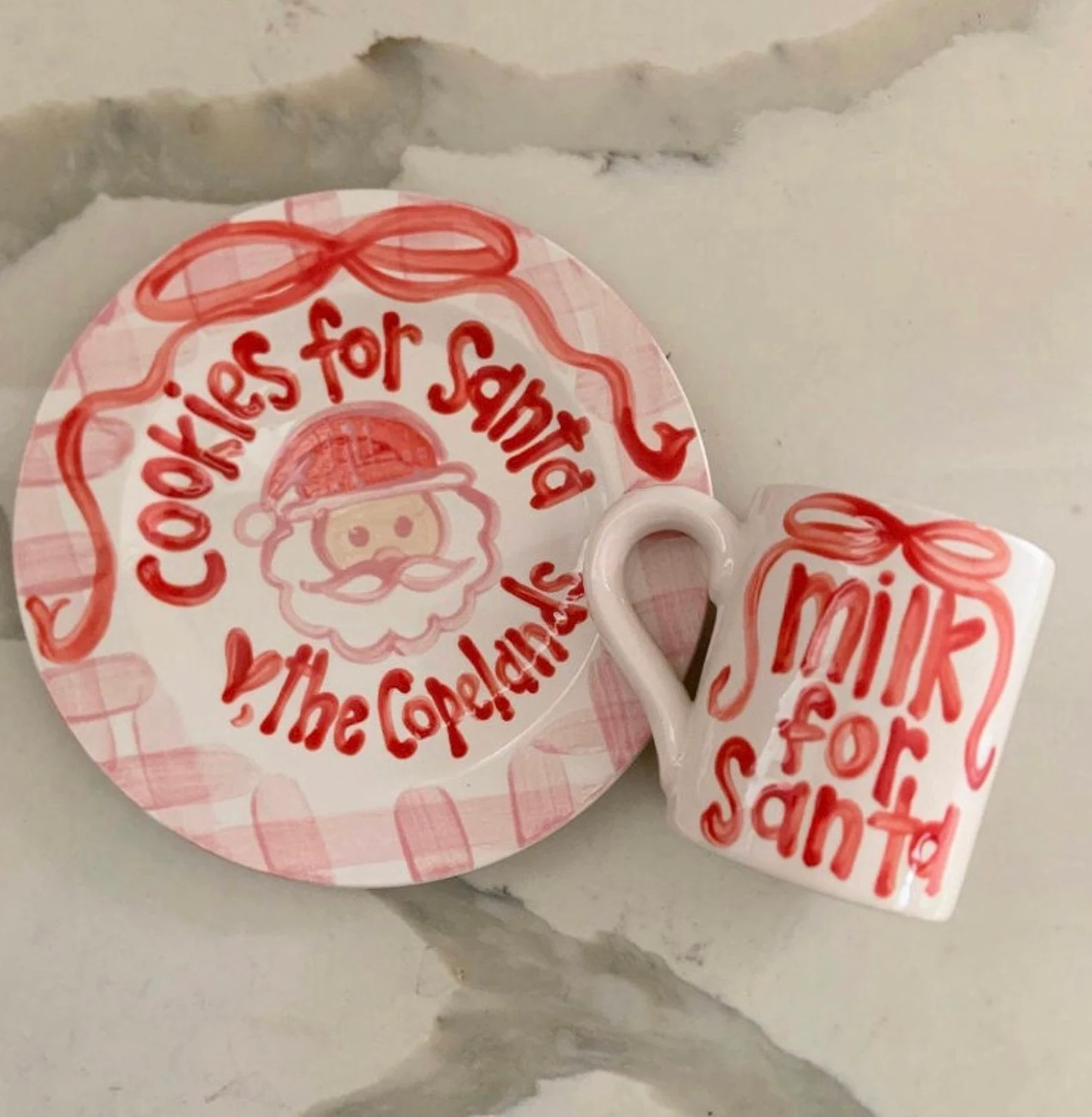 Pink and Red Gingham and Ribbon Cookies and Milk for Santa Personalized Plate & Mug / Christmas P... | Etsy (US)