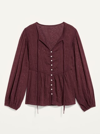 Oversized Embroidered Cutwork Tie-Neck Blouse for Women | Old Navy (US)