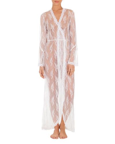 Petal Sheer-Lace Robe, White | Neiman Marcus