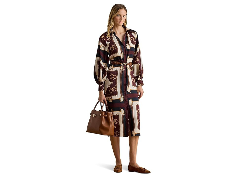 Lauren Ralph Lauren Equestrian-Print Twill Midi Shirtdress Women's Dress Navy/Cream : 16, Polyester | Zappos