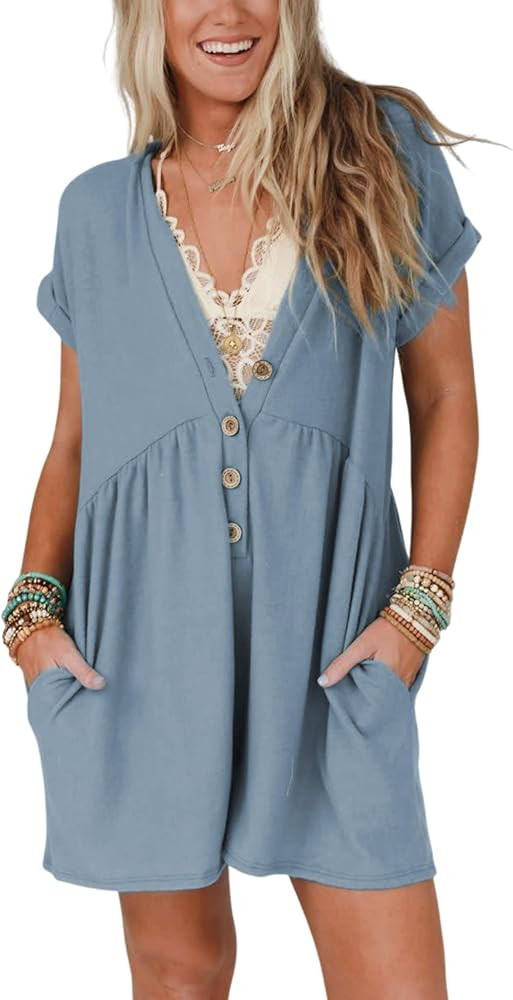 Zhiyouni Women's Summer Short Sleeves Rompers Loose V Neck Button Down Overalls Jumpsuits with Po... | Amazon (US)