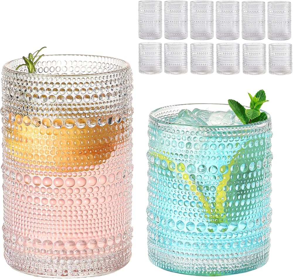 Vintage Glassware Drinking Glasses Set of 12,Clear 12oz & 15oz Hobnail Glass Cups,Embossed Water ... | Amazon (US)