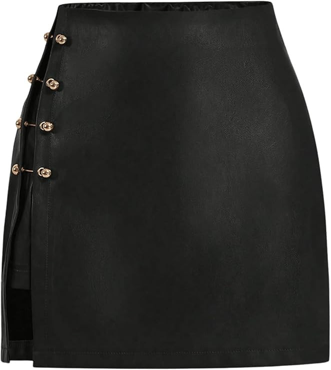 Milumia Women's Metal Decor Leather Short Skirt Side Slit Straight Mini Skirts | Amazon (US)