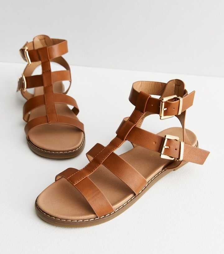Tan Leather-Look Gladiator Footbed Sandals
						
						Add to Saved Items
						Remove from Save... | New Look (UK)