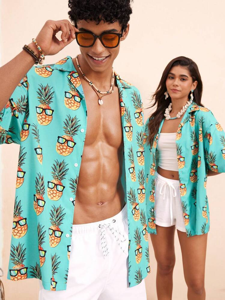 Manfinity VCAY Oversized Men's Lightweight Breathable Woven Casual Pineapple Print Hawaiian Shirt, Beach Vacation Beachwear | SHEIN