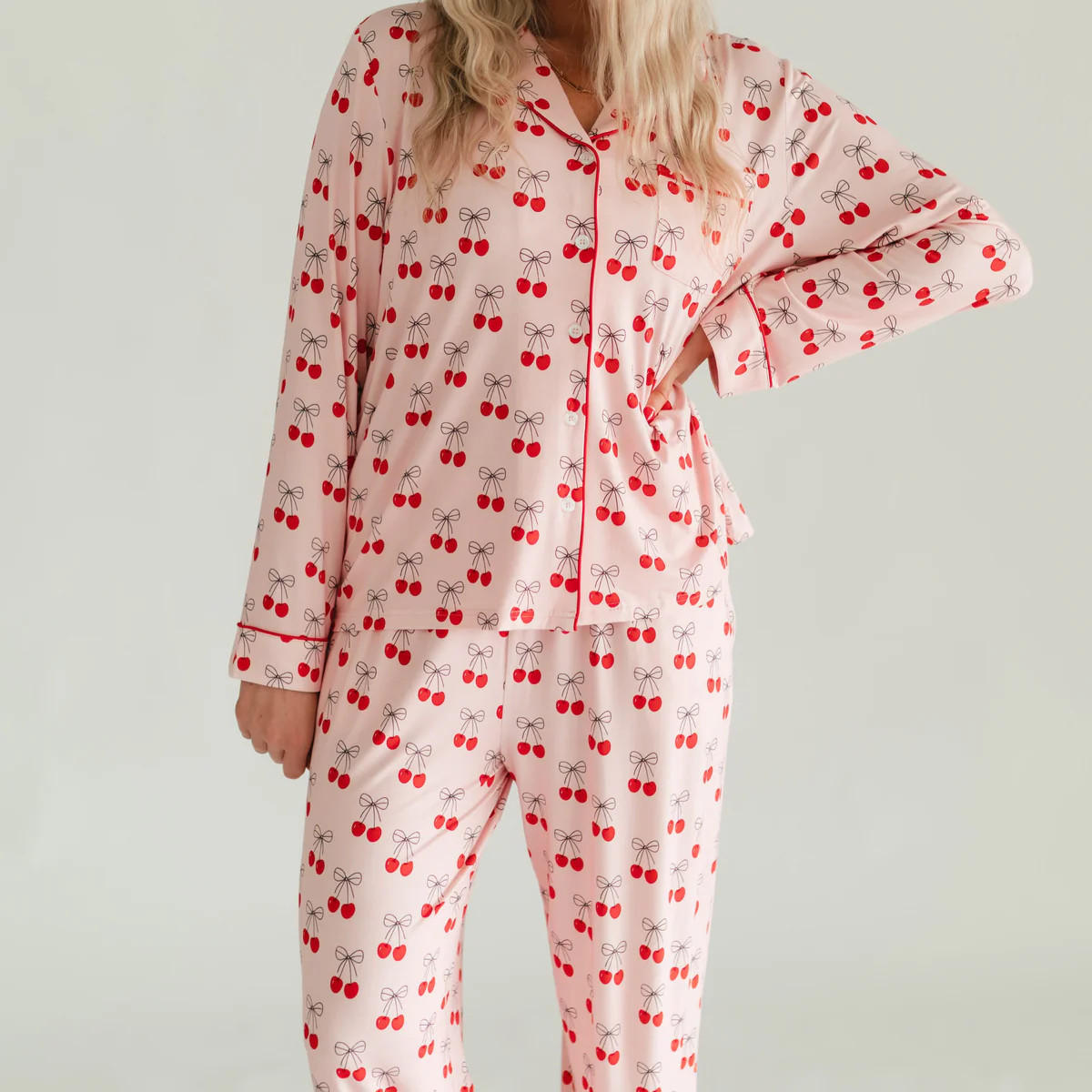 Women's Button Up Set In Pink Cherry Bows | Silks Design