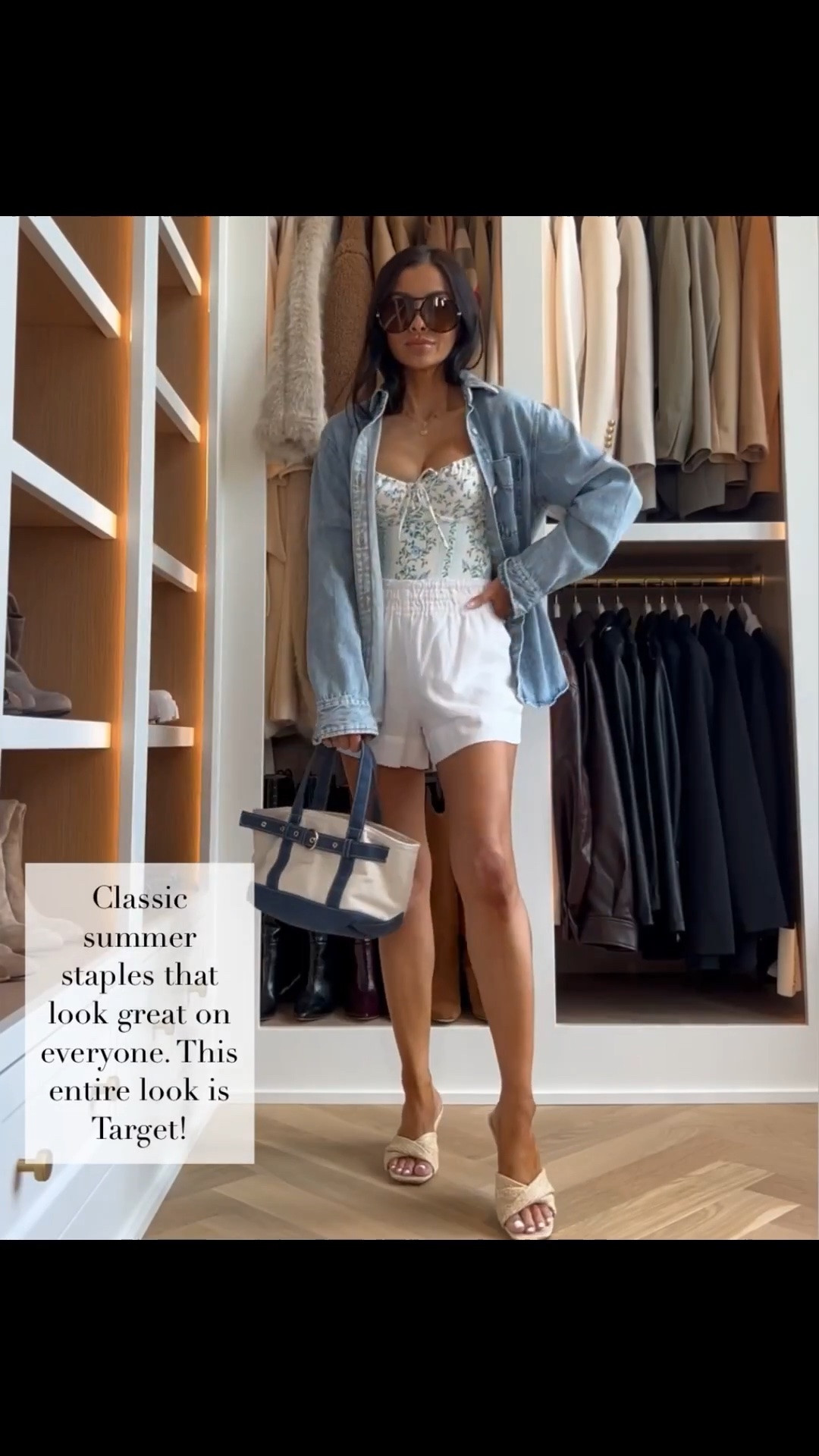 Target summer vacation outfit 
Target denim shirt, one-piece swimsuit that looks like loveshackfancy, beach bag, linen shorts